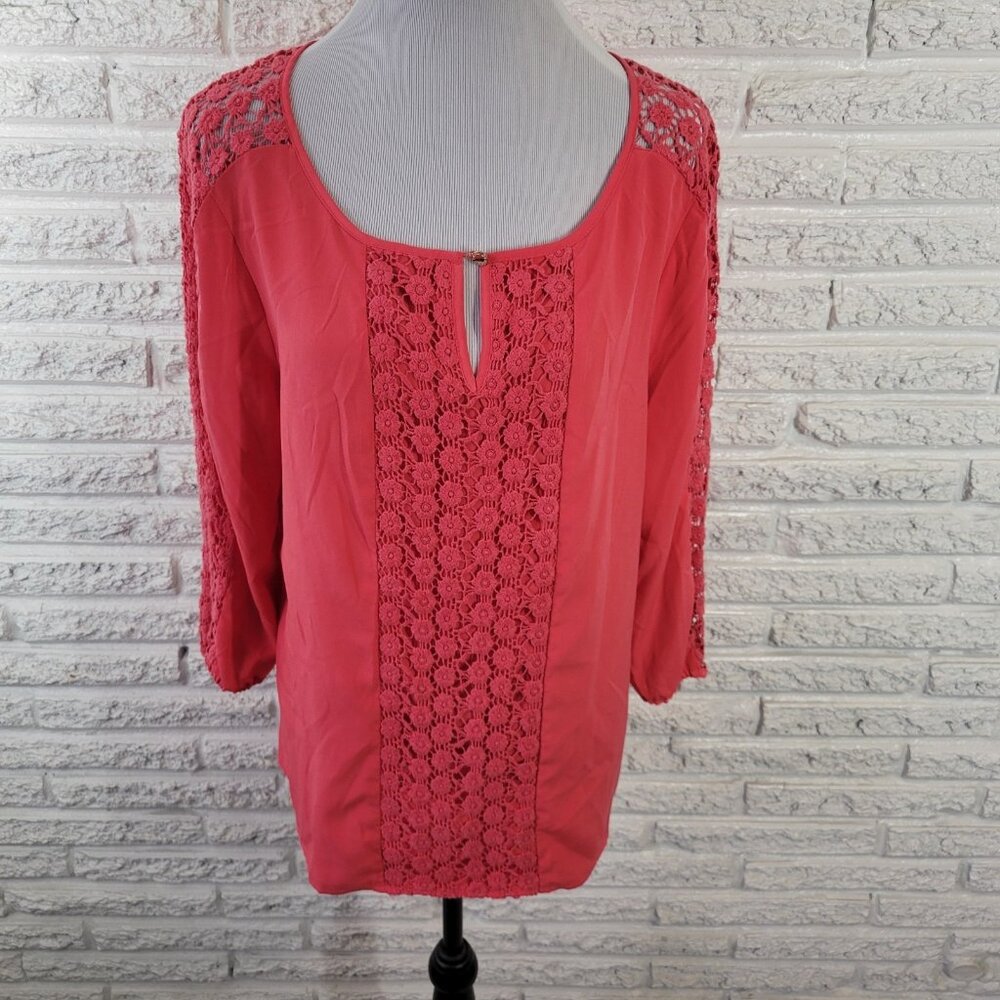 Dana Buchman XL‎ Top Pink Crochet Lace Keyhole 3/4 Sleeve Blouse A10XE